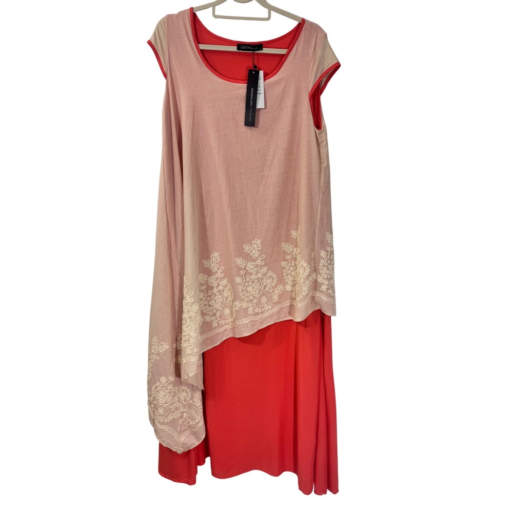 NEW Zanzea Collection Embroidered Overlay Dress Coral Pink Sleeveless Size‎ L
